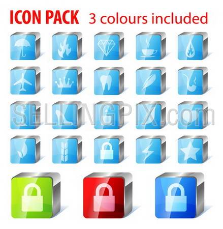 20 multi purpose icons collection: umbrella, fire, gem, coffee, airplane, crown, tooth, feather, pipe, chess, shoe, heart, cone, lock, lighting, star and few abstract