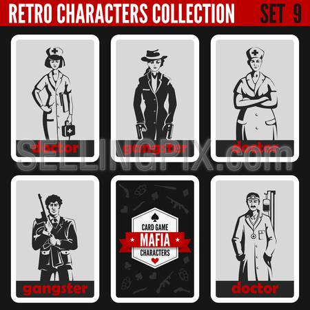Vintage retro people collection. Mafia noir style. Gangsters, Doctors. Professions silhouettes.
