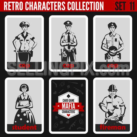 Vintage retro people collection. Mafia noir style. Cops, Student, Fireman. Professions silhouettes.