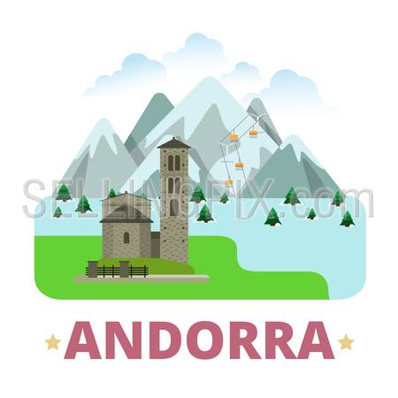 Andorra country badge fridge magnet design template. Vallnord Sant Joan de Caselles. Flat cartoon style sight web site vector illustration. World vacation travel sightseeing Europe European collection