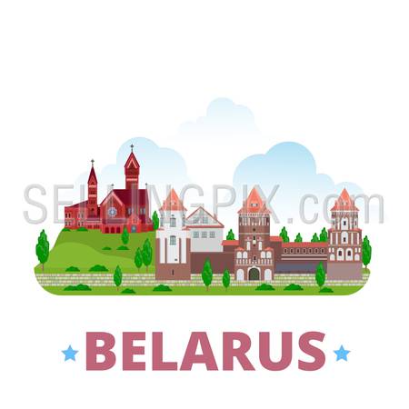 Belarus country design template. Flat cartoon style web site vector illustration. World vacation travel sightseeing Europe European collection. Mirsky Castle Complex Church of Saints Simon and Helena