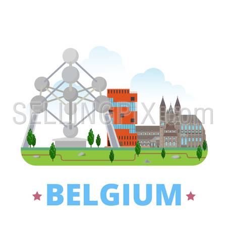 Belgium country design template. Flat cartoon style web site vector illustration. World vacation travel sightseeing Europe European collection. Atomium, Tournai Cathedral, Museum Aan De Stroom.