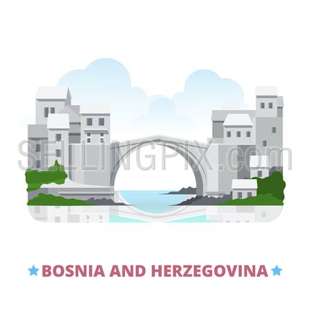 Bosnia and Herzegovina country design template. Flat cartoon style web site vector illustration. World vacation travel sightseeing Europe European collection. Stari Most aka Old Bridge in Mostar.