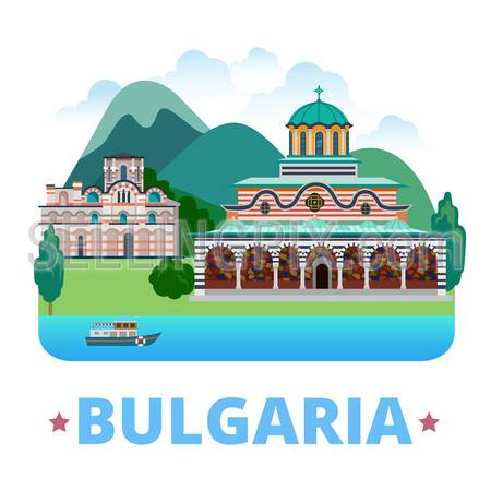 Bulgaria country design template. Flat cartoon style web site vector illustration. World vacation travel sightseeing Europe European collection. Rila Monastery, Church of Christ Pantocrator Nesebar.