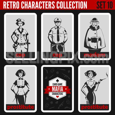 Vintage retro people collection. Mafia noir style. Madam, Prostitutes, Cops. Professions silhouettes.