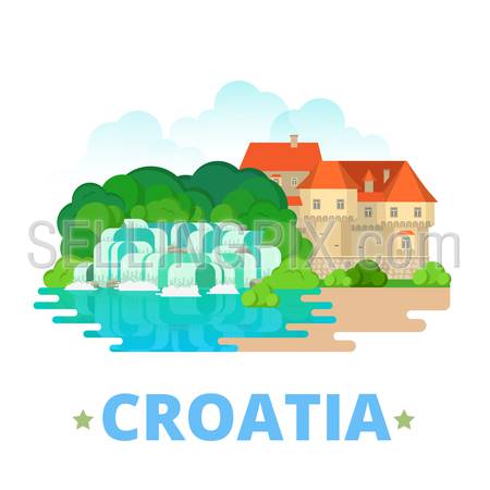 Croatia country fridge magnet design template. Flat cartoon style web site vector illustration. World vacation travel sightseeing Europe European collection. KRKA National Park, Veliki Tabor Castle.