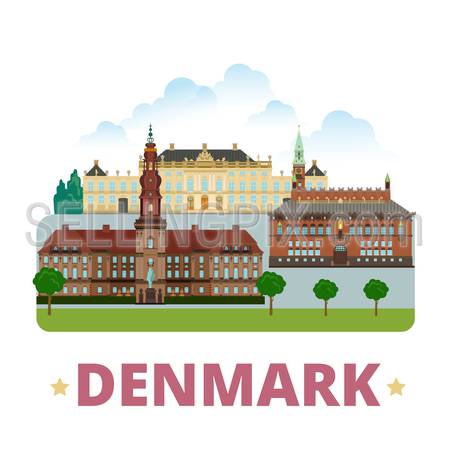 Denmark country design template. Flat cartoon style historic sight showplace vector illustration. World vacation travel Europe European collection. Christiansborg Palace Amalienborg City Hall Square.