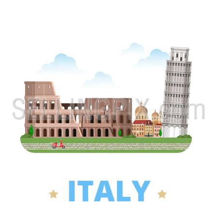 Italy country design template. Flat cartoon style historic sight showplace web vector illustration. World vacation travel Europe European collection. Leaning Tower of Pisa Venice Colosseum in Rome.
