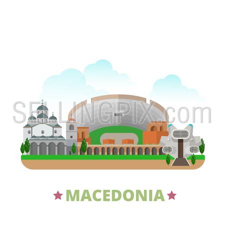 Macedonia country design template. Flat cartoon style historic sight showplace web site vector illustration. World travel Europe European collection. Ancient Dion Old Stone Bridge St Clemente Church.