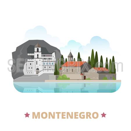 Montenegro country design template. Flat cartoon style historic sight showplace web site vector illustration. World vacation travel Europe European collection. Ostrog Monastery Island of Saint George.