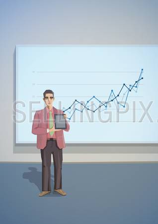 Polygonal office life creative vector illustration. Presentation businessman tablet. Polygon people collection.