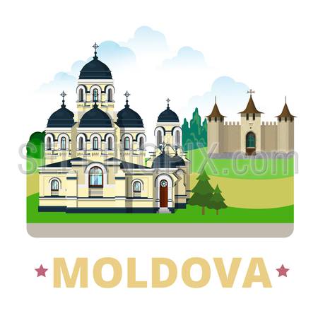 Moldova country design template. Flat cartoon style historic sight showplace web site vector illustration. World vacation travel sightseeing Europe European collection. Soroca Fort Capriana Monastery.