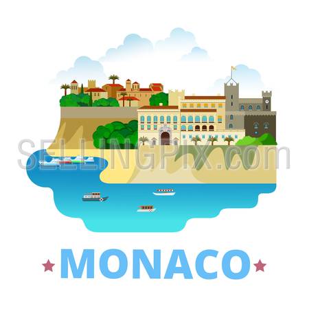 Monaco country design template. Flat cartoon style historic sight showplace web site vector illustration. World vacation travel sightseeing Europe European collection. Prince’s Palace Monaco City.