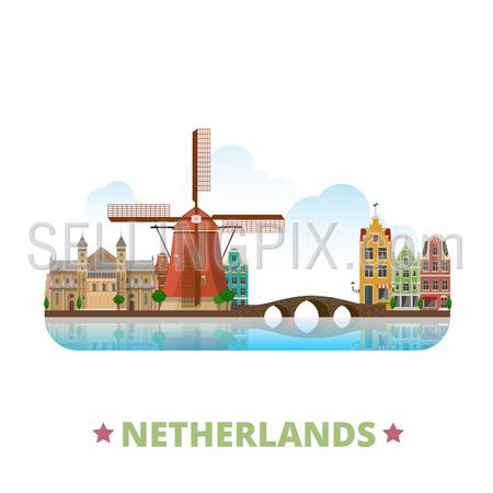 Netherlands country design template. Flat cartoon style historic sight showplace web site vector illustration. World vacation travel Europe European collection. Old Dutch Windmill Binnenhof bridge.