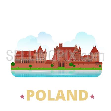 Poland country fridge magnet design template. Flat cartoon style historic sight showplace web site vector illustration. World vacation travel sightseeing Europe European collection. Malbork Castle.