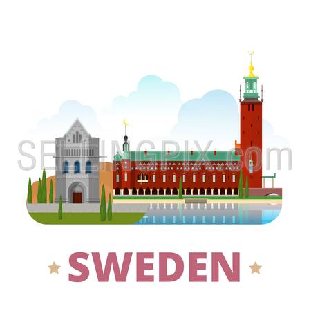 Sweden country magnet design template. Flat cartoon style historic sight showplace web site vector illustration. World vacation travel sightseeing Europe European collection. Lund Cathedral City Hall.