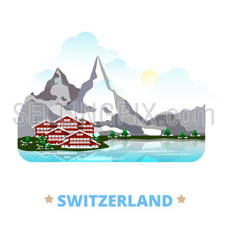Switzerland country magnet design template. Flat cartoon style historic sight showplace web site vector illustration. World vacation travel sightseeing Europe European collection. Matterhorn Gstaad.