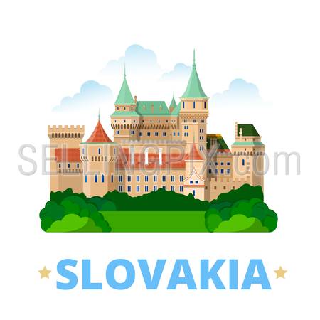 Slovakia country fridge magnet design template. Flat cartoon style historic sight showplace web site vector illustration. World vacation travel sightseeing Europe European collection. Bojnice Castle