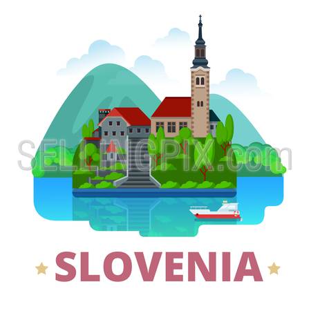 Slovenia country  fridge magnet design template. Flat cartoon style historic sight showplace web site vector illustration. World vacation travel sightseeing Europe European collection. Lake Bled.