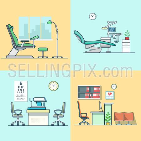 Gynecological gynecology dentist oculist eye doctor office hospital medicine woman healthcare room interior indoor set. Linear multicolor stroke outline flat style vector icons. Color icon collection.