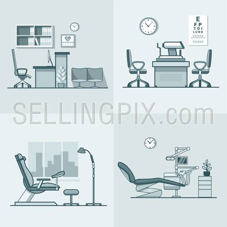 Gynecological gynecology dentist oculist eye doctor office hospital medicine woman healthcare room interior indoor set. Linear stroke outline flat style vector icons. Monochrome color icon collection.
