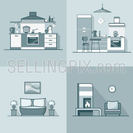 Condo accommodation kitchen bedroom living room interior indoor set. Linear stroke outline flat style vector icons. Monochrome icon collection.