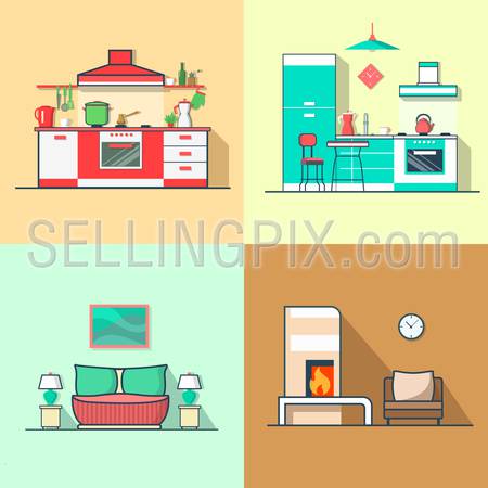 Condo accommodation kitchen bedroom living room interior indoor set. Linear multicolor stroke outline flat style vector icons. Color icon collection.