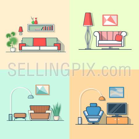 Condo accommodation living room cosy modern minimalism minimal interior indoor set. Linear multicolor stroke outline flat style vector icons. Color icon collection.