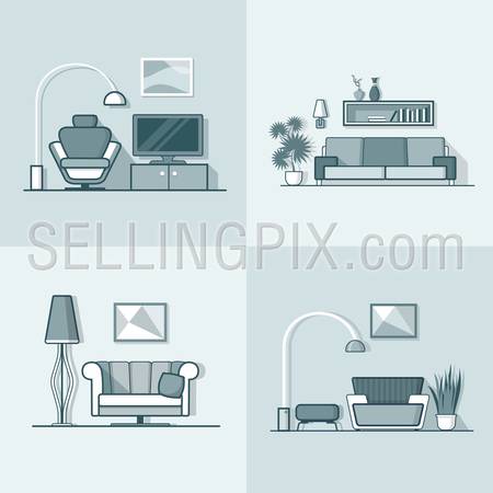 Condo accommodation living room cosy modern minimalism minimal interior indoor set. Linear stroke outline flat style vector icons. Monochrome icon collection.