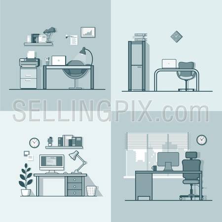 Office room workplace table chair interior indoor set. Linear stroke outline flat style vector icons. Monochrome icon collection.