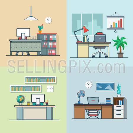 Teacher office student room workplace table chair interior indoor set. Linear multicolor stroke outline flat style vector icons. Color icon collection.