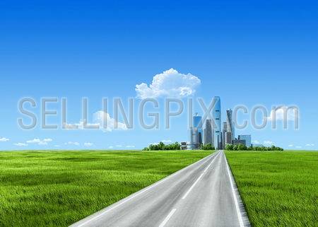 Extremely detailed 7000px grass and city on horizon. Skyscrapers business center not far from countryside with clean green grass. Grass collection.