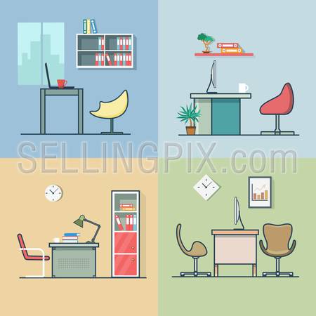 Office room workplace table chair interior indoor set. Linear multicolor stroke outline flat style vector icons. Color icon collection.