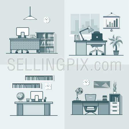 Teacher office student room workplace table chair interior indoor set. Linear mono color stroke outline flat style vector icons. Monochrome icon collection.