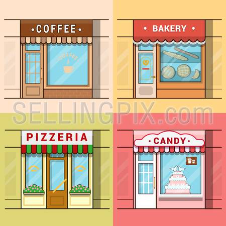 Small local business showcase storefront shop window cafe coffee bakery pizza pizzeria candy confectionery set. Linear multicolor stroke outline flat style vector icons. Color icon collection.
