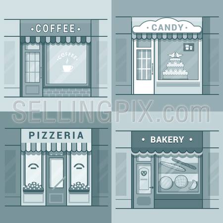 Small local business showcase storefront shop window cafe coffee bakery pizza pizzeria candy confectionery set. Linear stroke outline flat style vector icons. Monochrome icon collection.