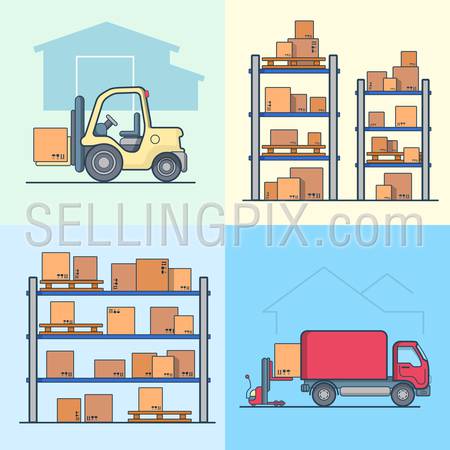 Warehouse rack shelving loader box loading van set. Storage business concept. Linear multicolor stroke outline flat style vector icons. Color icon collection.