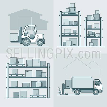Warehouse rack shelving loader box loading van set. Storage business concept. Linear stroke outline flat style vector icons. Monochrome icon collection.