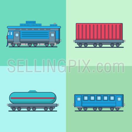 Locomotive Passenger Coach Carriage Cistern railway railroad transport set. Linear multicolor stroke outline flat style vector icons. Color icon collection.