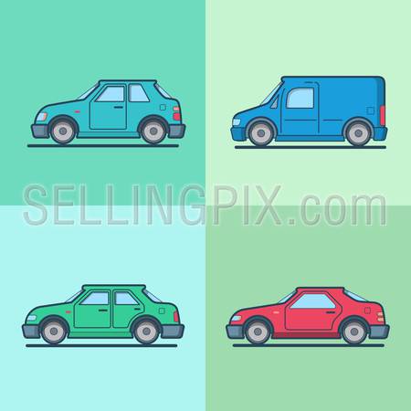 Motor passenger car van sportscar sedan hatchback road transport set. Linear multicolor stroke outline flat style vector icons. Color icon collection.
