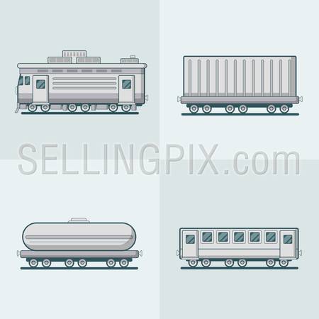 Locomotive Passenger Coach Carriage Cistern railway railroad transport set. Linear stroke outline flat style vector icons. Monochrome icon collection.
