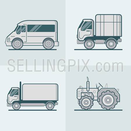 Bus Van Lorry Tractor road transport set. Linear stroke outline flat style vector icons. Monochrome icon collection.