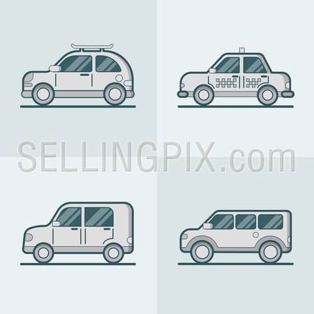Passenger car van SUV taxi road lineart line art transport set. Linear multicolor stroke outline flat style vector icons. Monochrome color icon collection.