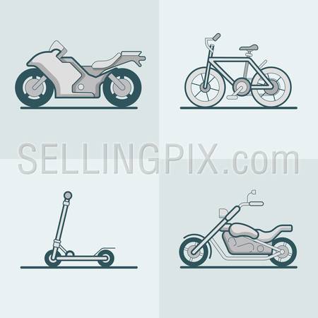 Motorbike bike cycle chopper kick scooter line art lineart road transport set. Linear multicolor stroke outline flat style vector icons. Color icon collection.