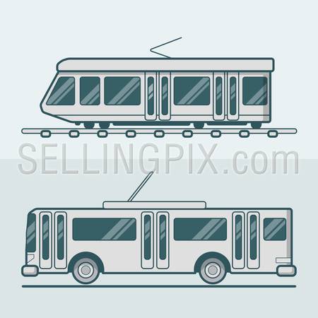 Tram tramway trolley trolleybus road rail electric eco friendly line art lineart transport set. Linear multicolor stroke outline flat style vector icons. Color icon collection.