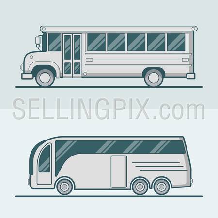 Bus school tourist intracity schoolbus lineart line art road transport set. Linear multicolor stroke outline flat style vector icons. Color icon collection.