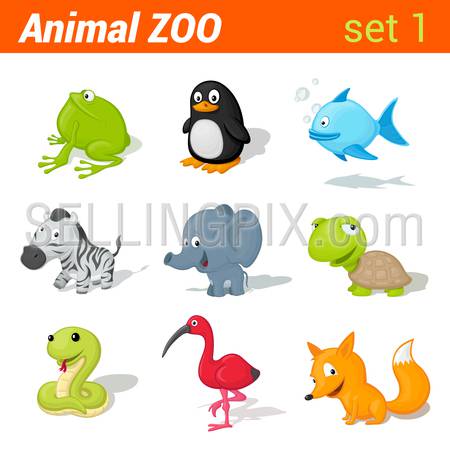 Funny children animals icon set. Kid language learning elements. Frog, penguin, fish, zebra, elephant, turtle, snake, ibis bird, fox. Animal Zoo collection.