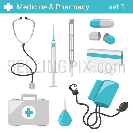 Flat style medical pharmaceutical hospital equipment icon set. Stethoscope, syringe, thermometer, tablet, pill, doctor case, blood pressure, clyster. Medicine pharmacy collection.