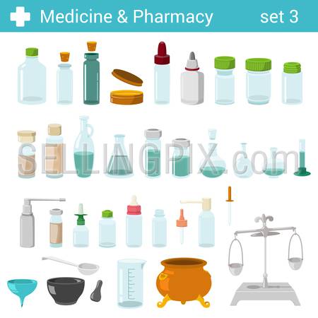 Flat style medical pharmaceutical bottles glasses containers scales icon set. Medicine pharmacy collection.