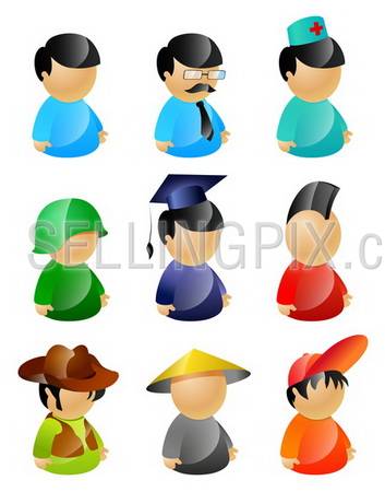9 vector characters pack: standard, manager, nurse, soldier, graduating student, mohawk punk, cowboy in stetson hat, asian, teenager in cap (recommended as avatars)